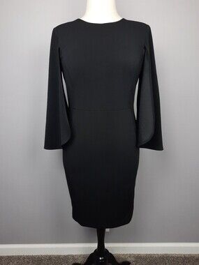 Calvin Klein Solid Black Long Cape Sleeve Scoop Neck Sheath Dress size 14